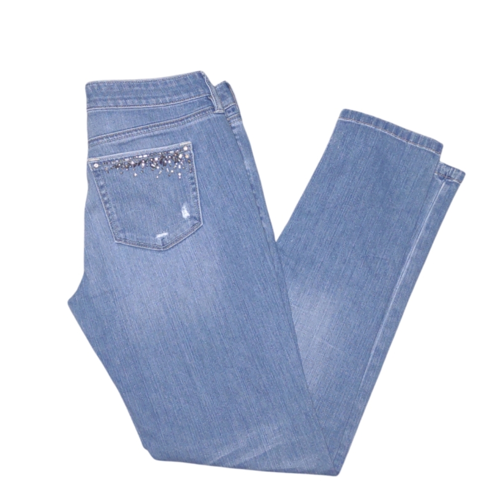 WHBM Low Rise Girlfriend Jeans Blue Jeweled Pockets Size 0R - Picture 10 of 12